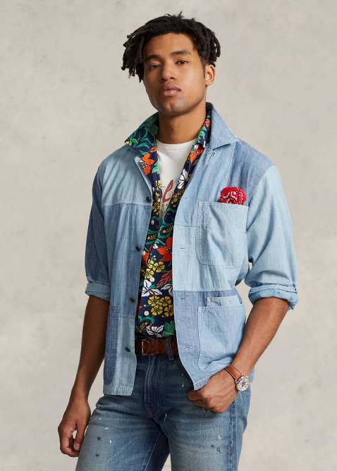 Men Ralph Lauren Classic Fit Patchwork Chambray Shirt 4DJ2957 Indigo