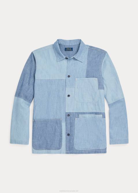 Men Ralph Lauren Classic Fit Patchwork Chambray Shirt 4DJ2957 Indigo