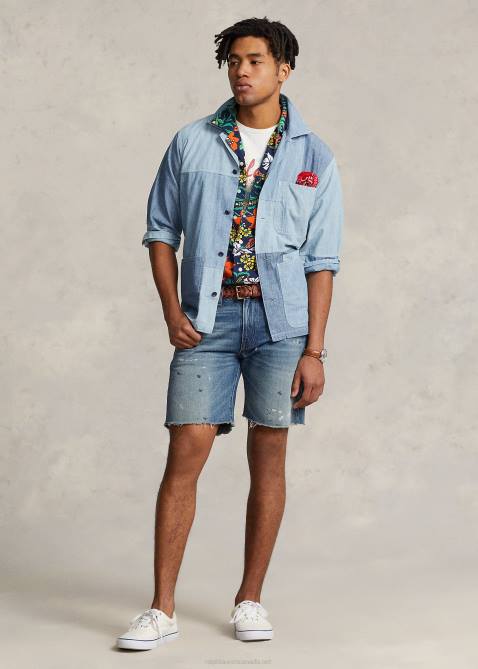 Men Ralph Lauren Classic Fit Patchwork Chambray Shirt 4DJ2957 Indigo