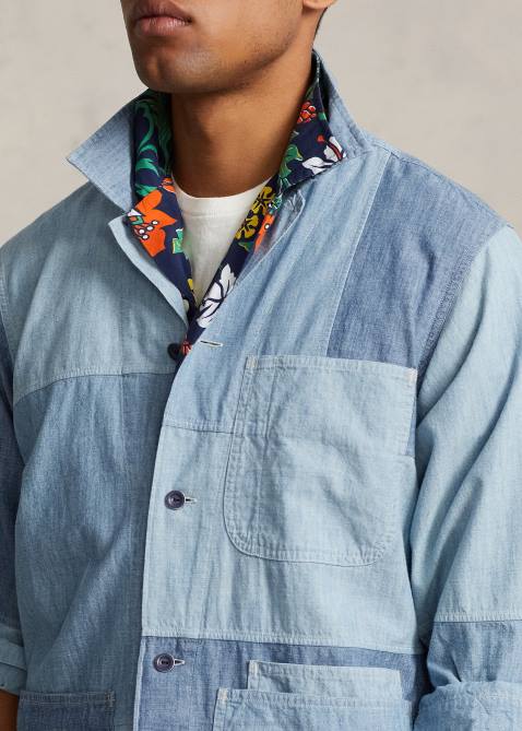 Men Ralph Lauren Classic Fit Patchwork Chambray Shirt 4DJ2957 Indigo