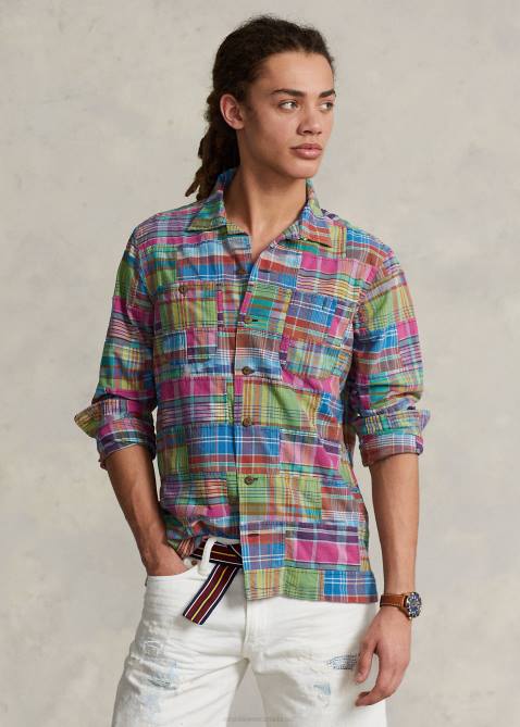Men Ralph Lauren Classic Fit Patchwork Madras Camp Shirt 4DJ2779 Ikat Madras Patchwork