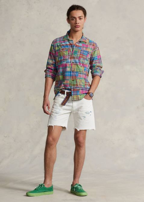Men Ralph Lauren Classic Fit Patchwork Madras Camp Shirt 4DJ2779 Ikat Madras Patchwork