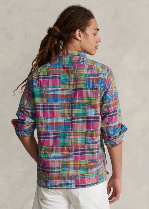 Men Ralph Lauren Classic Fit Patchwork Madras Camp Shirt 4DJ2779 Ikat Madras Patchwork