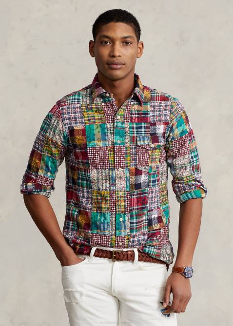 Men Ralph Lauren Classic Fit Patchwork Madras Shirt 4DJ28472 Preppy Patchwork