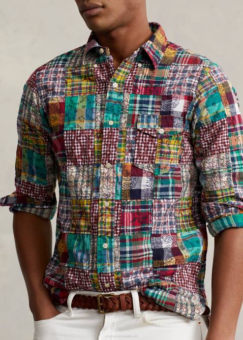 Men Ralph Lauren Classic Fit Patchwork Madras Shirt 4DJ28472 Preppy Patchwork