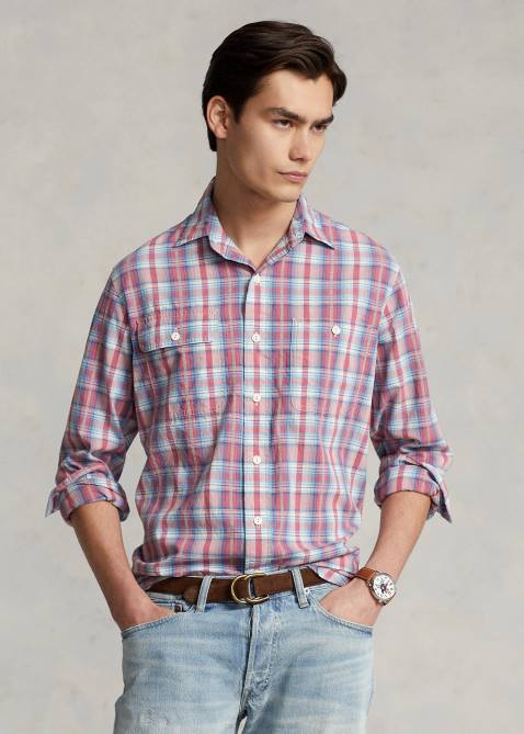 Men Ralph Lauren Classic Fit Plaid Dobby Workshirt 4DJ2107 White/Red Multi