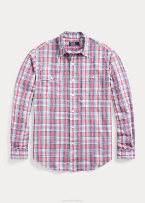 Men Ralph Lauren Classic Fit Plaid Dobby Workshirt 4DJ2107 White/Red Multi