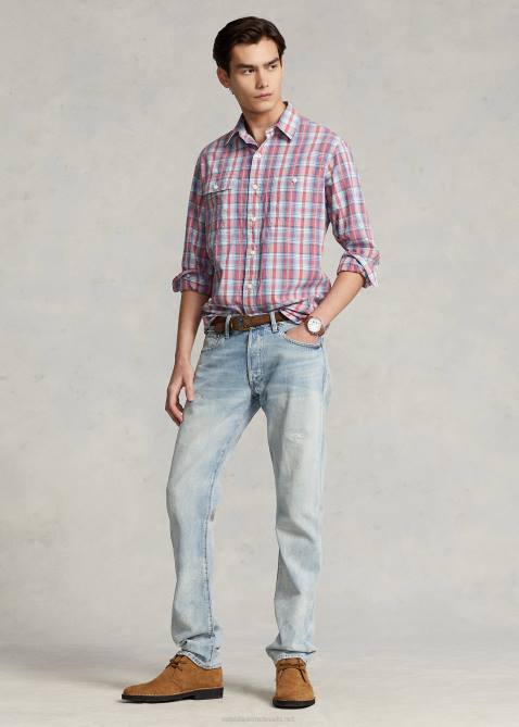 Men Ralph Lauren Classic Fit Plaid Dobby Workshirt 4DJ2107 White/Red Multi