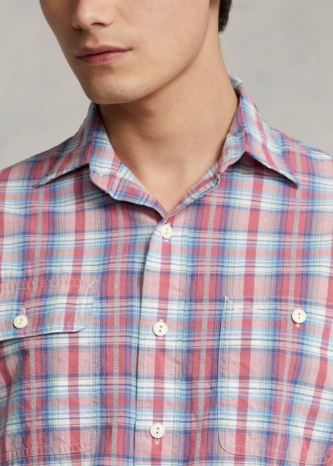 Men Ralph Lauren Classic Fit Plaid Dobby Workshirt 4DJ2107 White/Red Multi