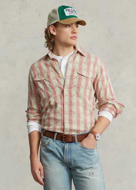 Men Ralph Lauren Classic Fit Plaid Dobby Workshirt 4DJ28443 Red Dobby Multi