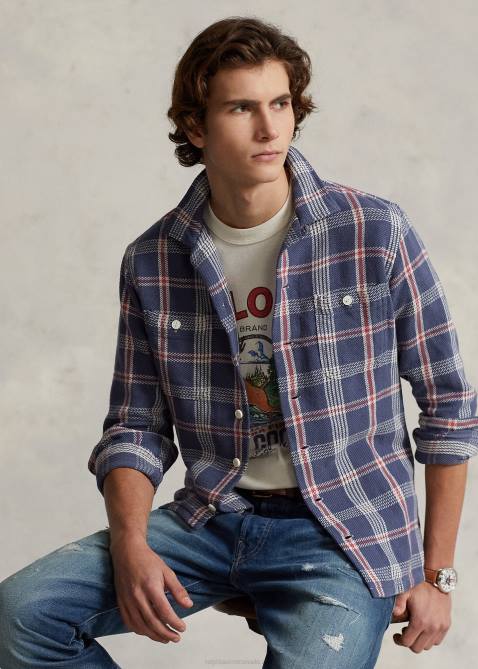 Men Ralph Lauren Classic Fit Plaid Flannel Camp Shirt 4DJ28465 Navy/Off White Multi