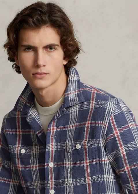 Men Ralph Lauren Classic Fit Plaid Flannel Camp Shirt 4DJ28465 Navy/Off White Multi