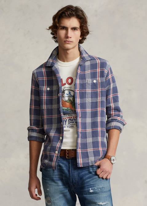 Men Ralph Lauren Classic Fit Plaid Flannel Camp Shirt 4DJ28465 Navy/Off White Multi