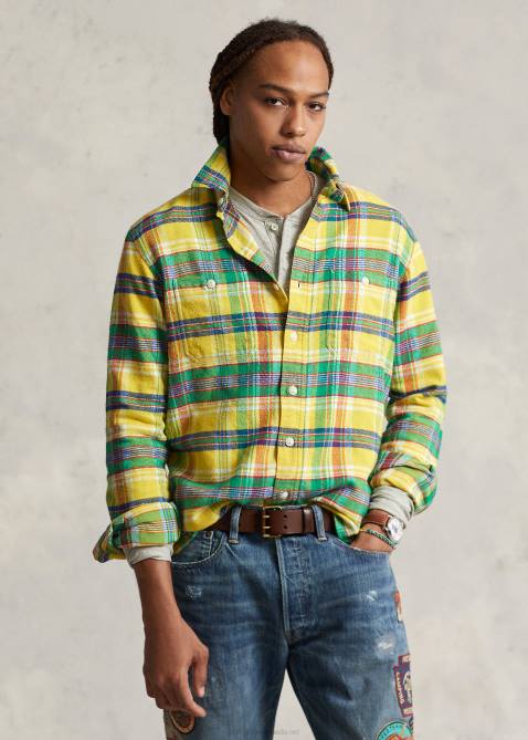 Men Ralph Lauren Classic Fit Plaid Flannel Shirt 4DJ28615 5882a Yellow/Green Multi
