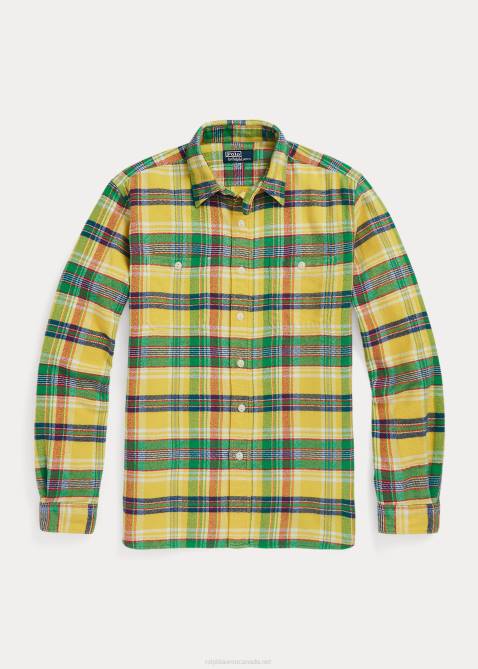 Men Ralph Lauren Classic Fit Plaid Flannel Shirt 4DJ28615 5882a Yellow/Green Multi