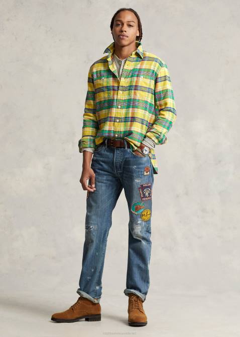 Men Ralph Lauren Classic Fit Plaid Flannel Shirt 4DJ28615 5882a Yellow/Green Multi