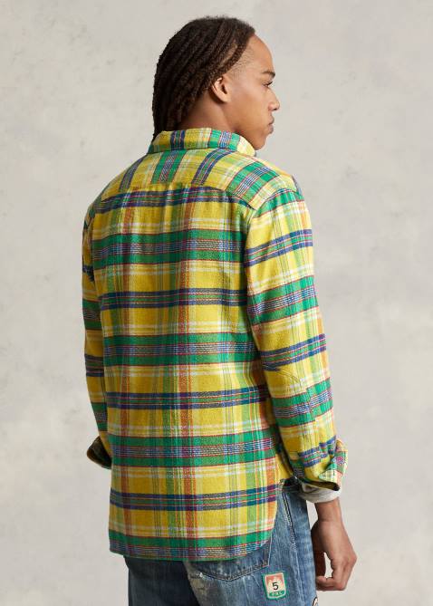 Men Ralph Lauren Classic Fit Plaid Flannel Shirt 4DJ28615 5882a Yellow/Green Multi