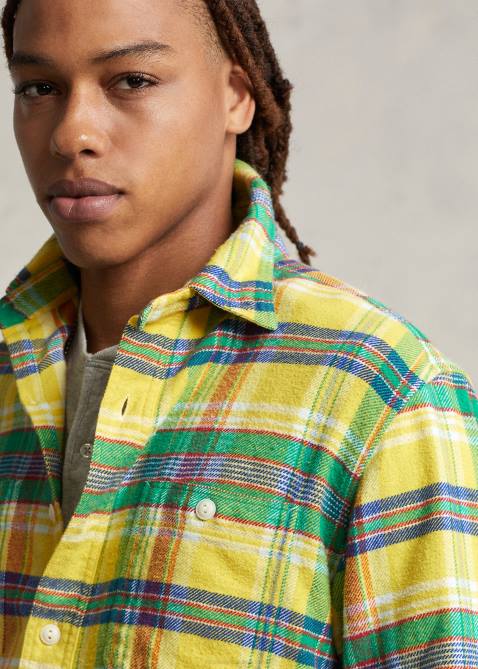 Men Ralph Lauren Classic Fit Plaid Flannel Shirt 4DJ28615 5882a Yellow/Green Multi