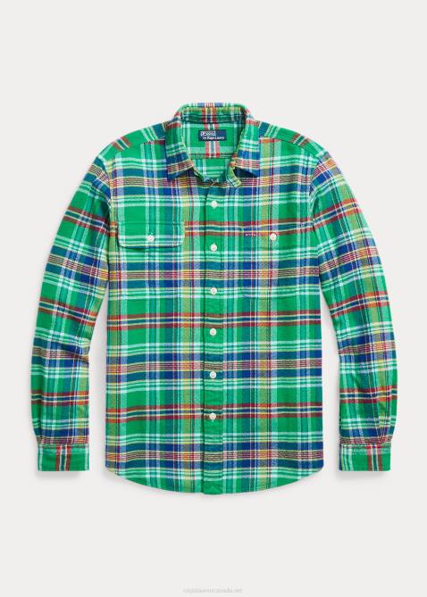 Men Ralph Lauren Classic Fit Plaid Flannel Workshirt 4DJ21064 Green/Yellow Multi