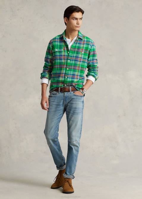 Men Ralph Lauren Classic Fit Plaid Flannel Workshirt 4DJ21064 Green/Yellow Multi