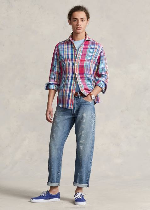 Men Ralph Lauren Classic Fit Plaid Linen-Cotton Shirt 4DJ2945 Dark Pink/Navy Multi