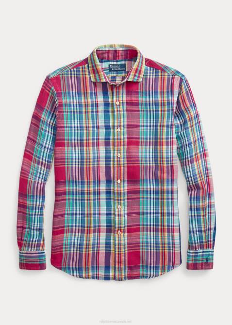 Men Ralph Lauren Classic Fit Plaid Linen-Cotton Shirt 4DJ2945 Dark Pink/Navy Multi