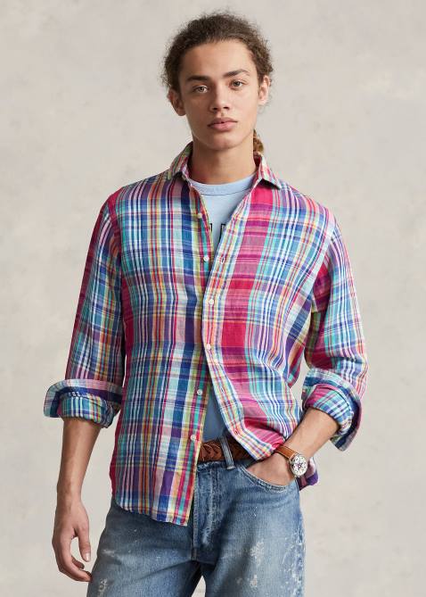 Men Ralph Lauren Classic Fit Plaid Linen-Cotton Shirt 4DJ2945 Dark Pink/Navy Multi