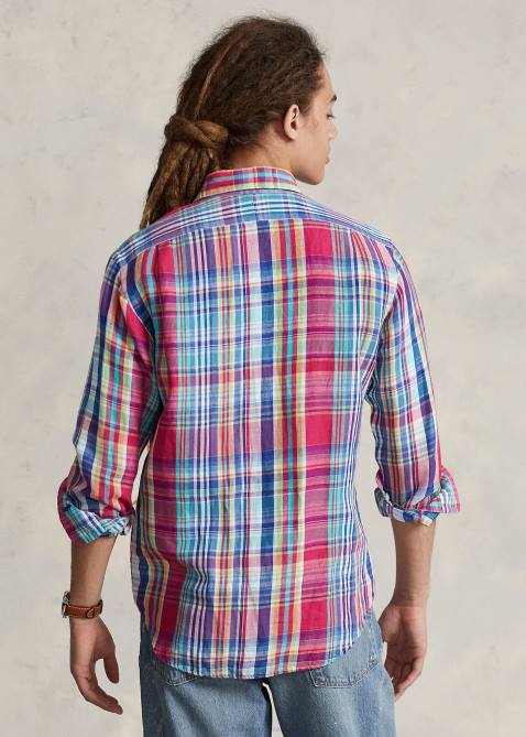 Men Ralph Lauren Classic Fit Plaid Linen-Cotton Shirt 4DJ2945 Dark Pink/Navy Multi