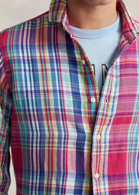 Men Ralph Lauren Classic Fit Plaid Linen-Cotton Shirt 4DJ2945 Dark Pink/Navy Multi