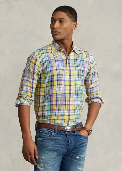 Men Ralph Lauren Classic Fit Plaid Linen Shirt 4DJ21142 Yellow/Green Multi