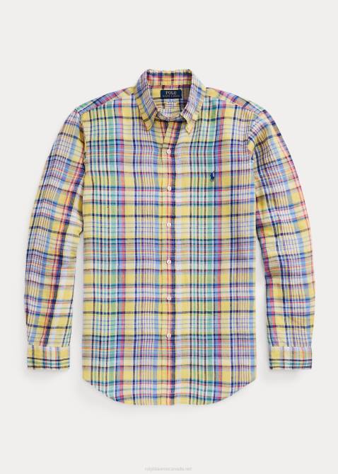Men Ralph Lauren Classic Fit Plaid Linen Shirt 4DJ21142 Yellow/Green Multi