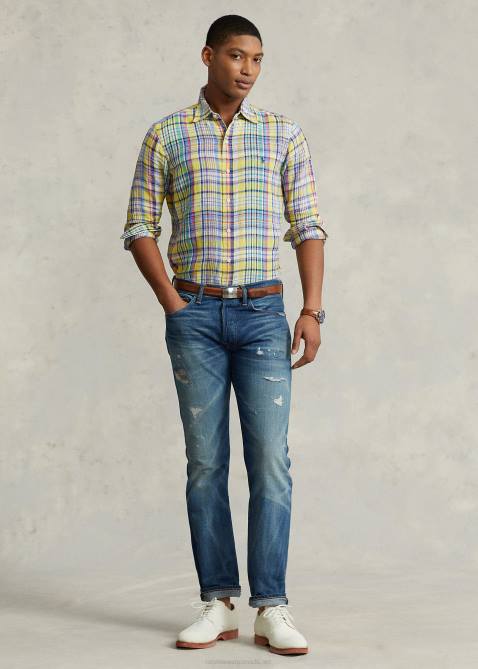 Men Ralph Lauren Classic Fit Plaid Linen Shirt 4DJ21142 Yellow/Green Multi