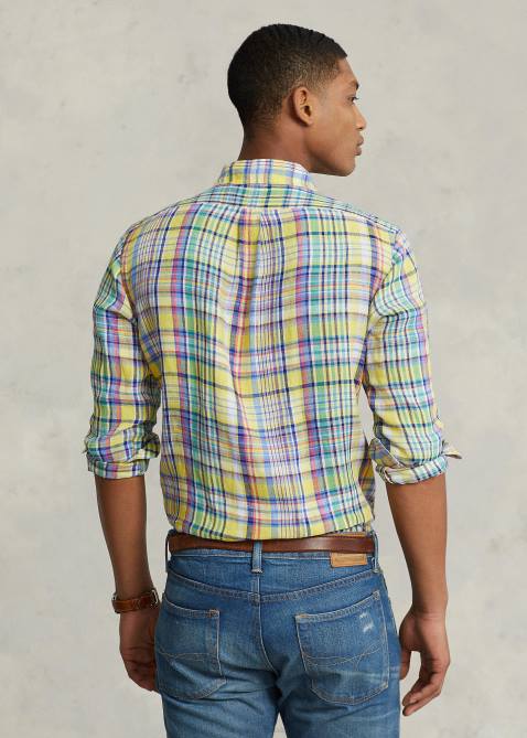 Men Ralph Lauren Classic Fit Plaid Linen Shirt 4DJ21142 Yellow/Green Multi