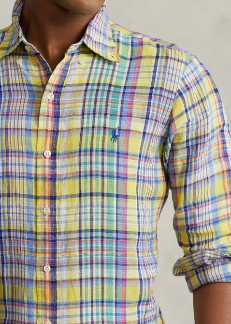 Men Ralph Lauren Classic Fit Plaid Linen Shirt 4DJ21142 Yellow/Green Multi