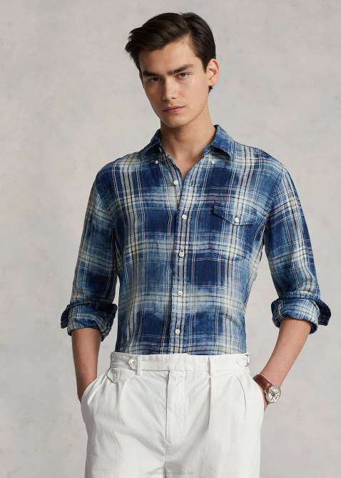 Men Ralph Lauren Classic Fit Plaid Linen Shirt 4DJ21148 Indigo White Multi