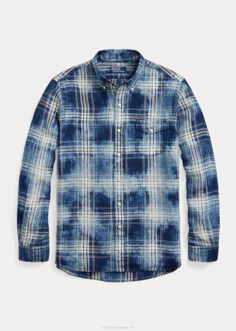 Men Ralph Lauren Classic Fit Plaid Linen Shirt 4DJ21148 Indigo White Multi