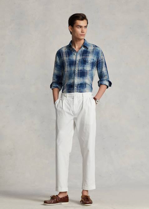 Men Ralph Lauren Classic Fit Plaid Linen Shirt 4DJ21148 Indigo White Multi