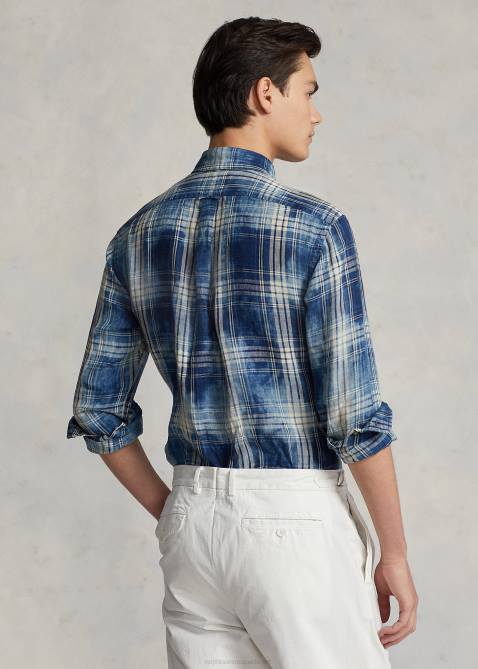 Men Ralph Lauren Classic Fit Plaid Linen Shirt 4DJ21148 Indigo White Multi