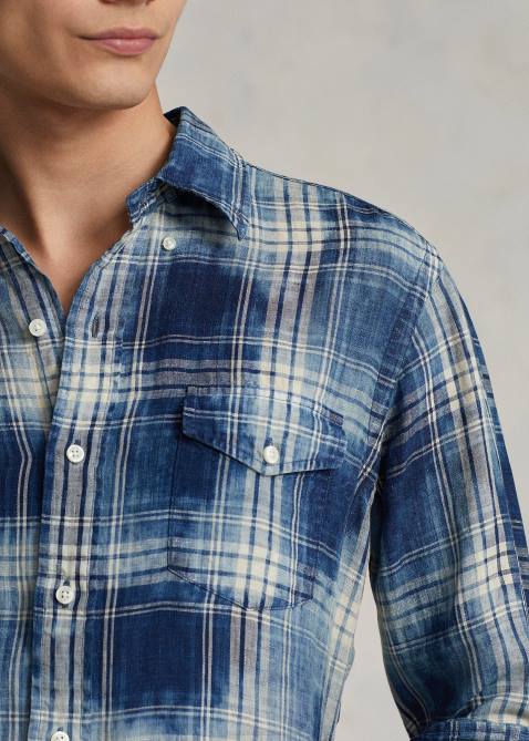 Men Ralph Lauren Classic Fit Plaid Linen Shirt 4DJ21148 Indigo White Multi
