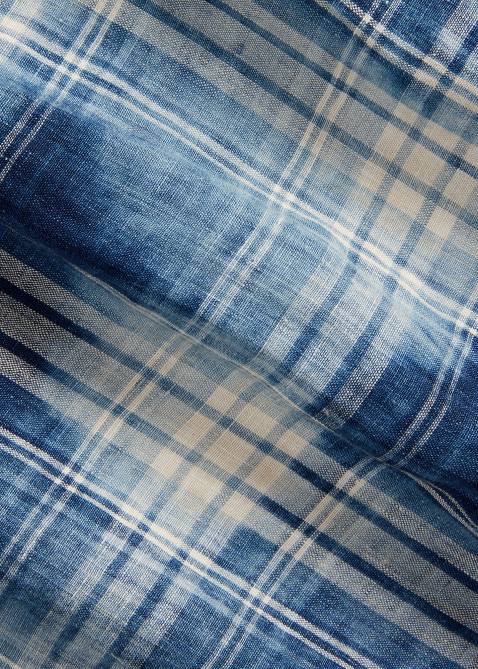 Men Ralph Lauren Classic Fit Plaid Linen Shirt 4DJ21148 Indigo White Multi