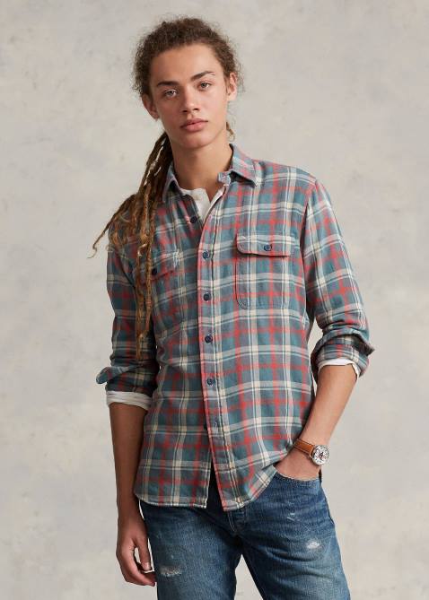 Men Ralph Lauren Classic Fit Plaid Linen Workshirt 4DJ21149 Green/Off White Mult