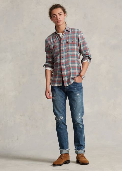 Men Ralph Lauren Classic Fit Plaid Linen Workshirt 4DJ21149 Green/Off White Mult