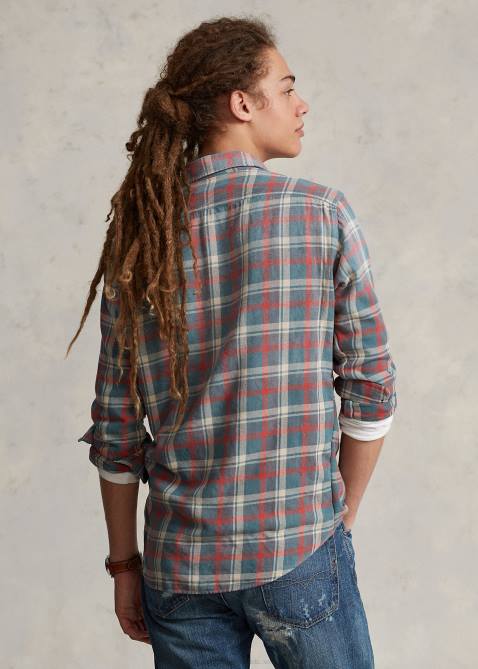 Men Ralph Lauren Classic Fit Plaid Linen Workshirt 4DJ21149 Green/Off White Mult