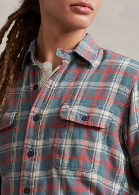 Men Ralph Lauren Classic Fit Plaid Linen Workshirt 4DJ21149 Green/Off White Mult