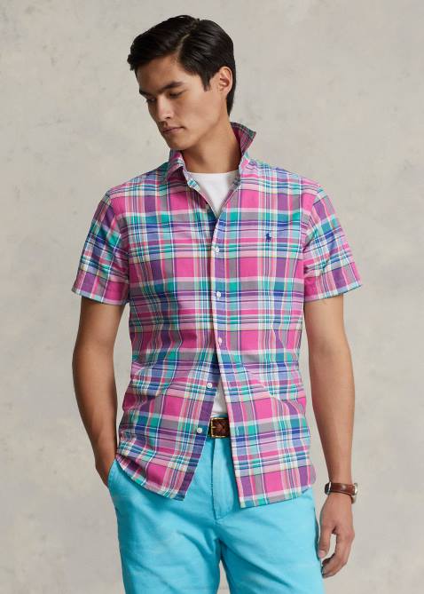 Men Ralph Lauren Classic Fit Plaid Oxford Shirt 4DJ21080 Dark Pink/Green Multi