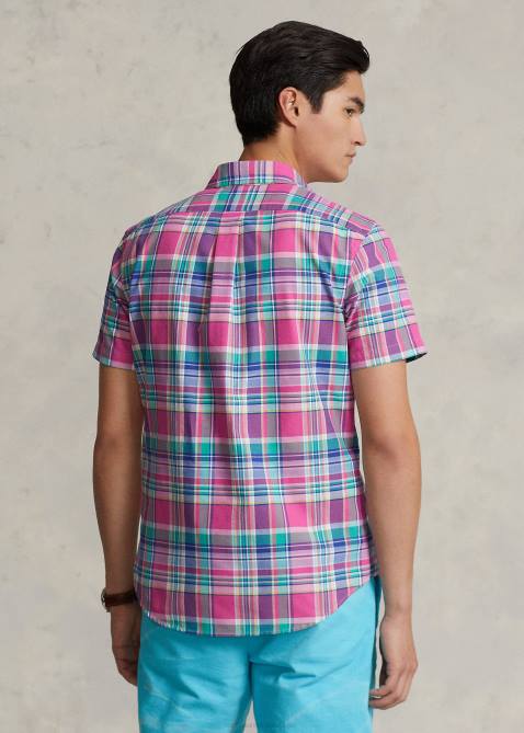 Men Ralph Lauren Classic Fit Plaid Oxford Shirt 4DJ21080 Dark Pink/Green Multi