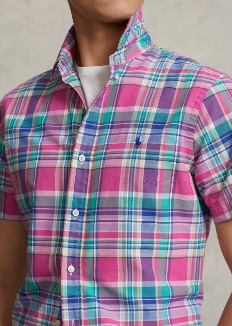 Men Ralph Lauren Classic Fit Plaid Oxford Shirt 4DJ21080 Dark Pink/Green Multi