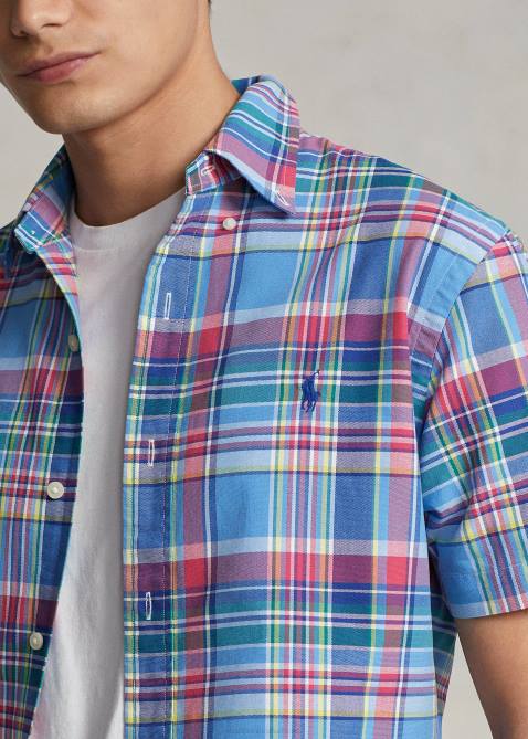 Men Ralph Lauren Classic Fit Plaid Oxford Shirt 4DJ21081 Blue/Red Multi