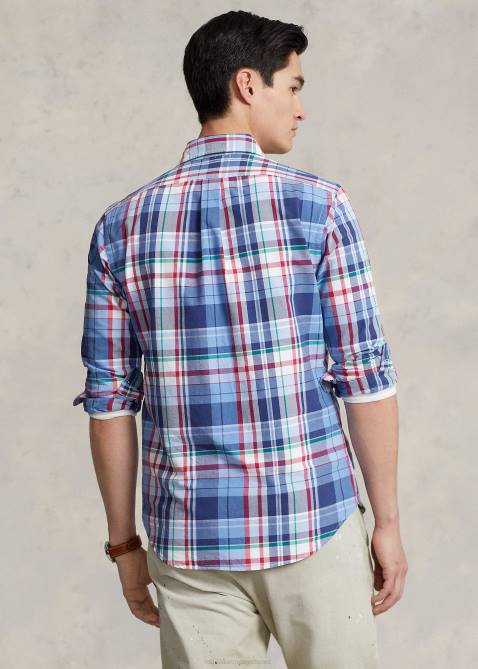 Men Ralph Lauren Classic Fit Plaid Oxford Shirt 4DJ21137 Blue/Red Multi