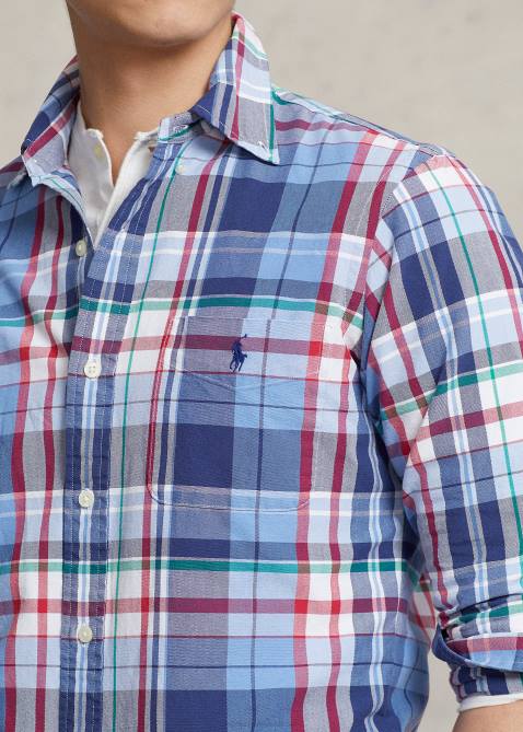 Men Ralph Lauren Classic Fit Plaid Oxford Shirt 4DJ21137 Blue/Red Multi